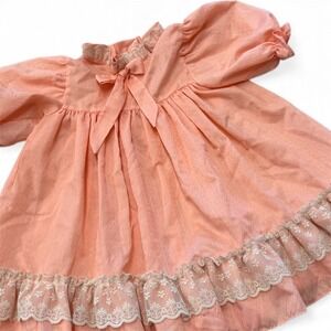 Vintage Mi World Peach Lace Trim Baby Doll Dress Girls Size 4 Puff Sleeve